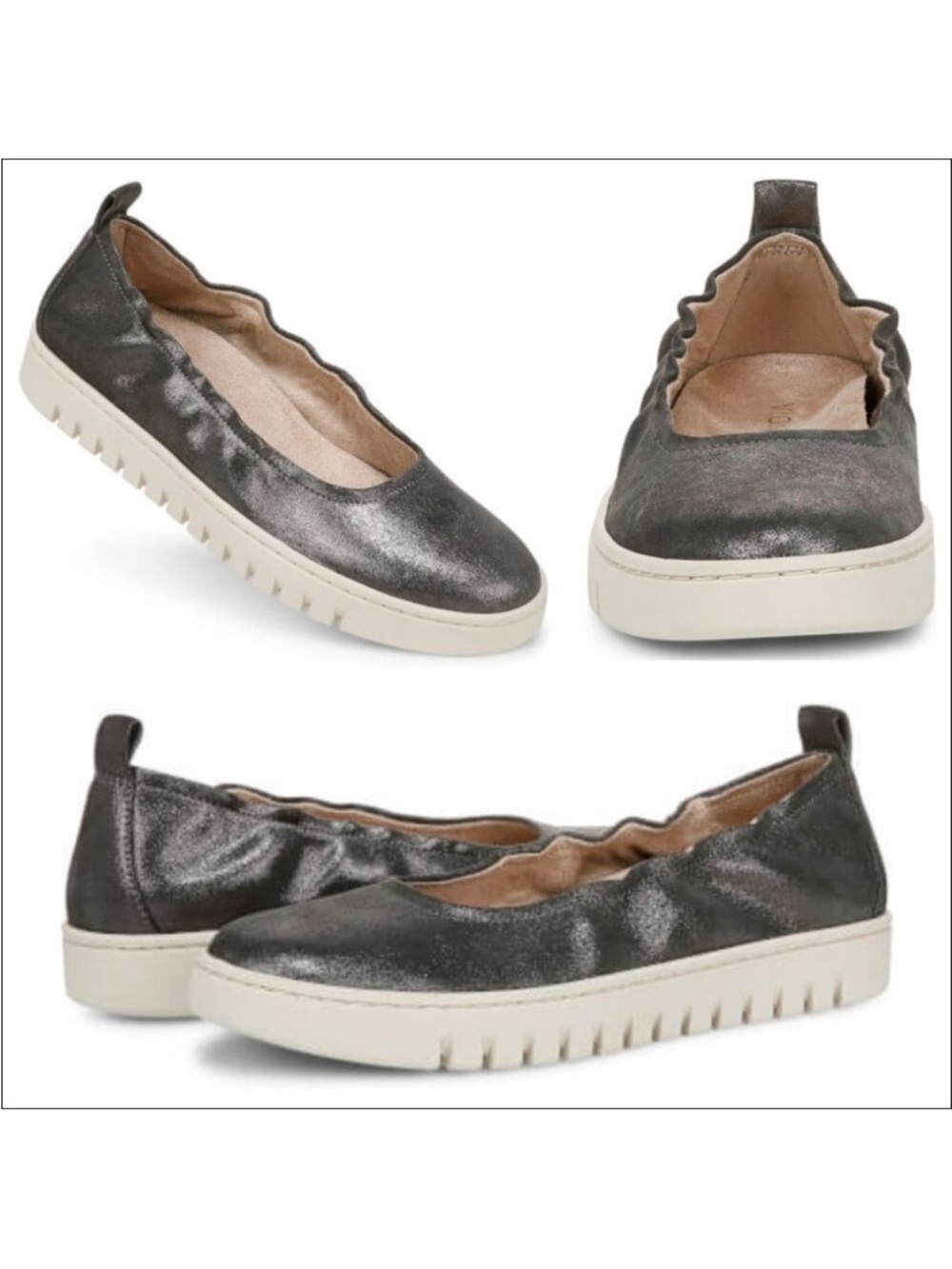 Like New Vionic Metallic Pewter Slip-On Flats with White Sole